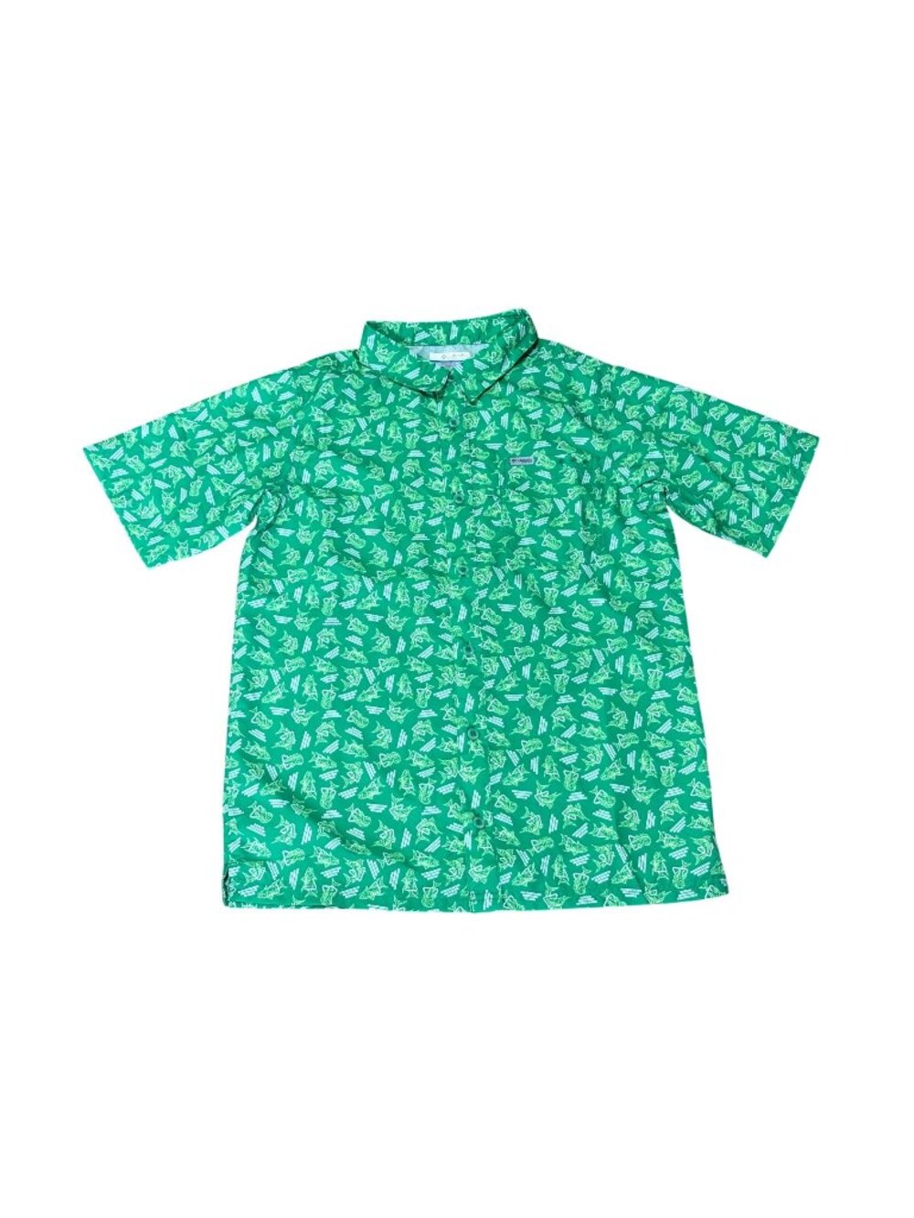 Columbia PFG Green Short Sleeve Shirt Kids Youth Boys XL 18/20 Fish Print Button